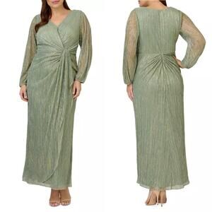 Adrianna Papell Plus Metallic Mesh Draped Gown Green Slate Long Sleeve Dress 14W